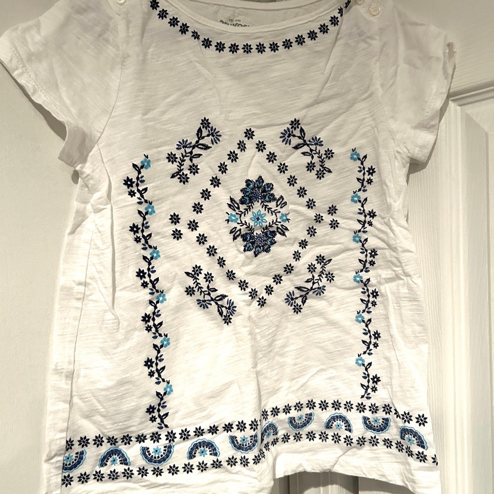 White T-Shirt with Blue Floral Embroidery